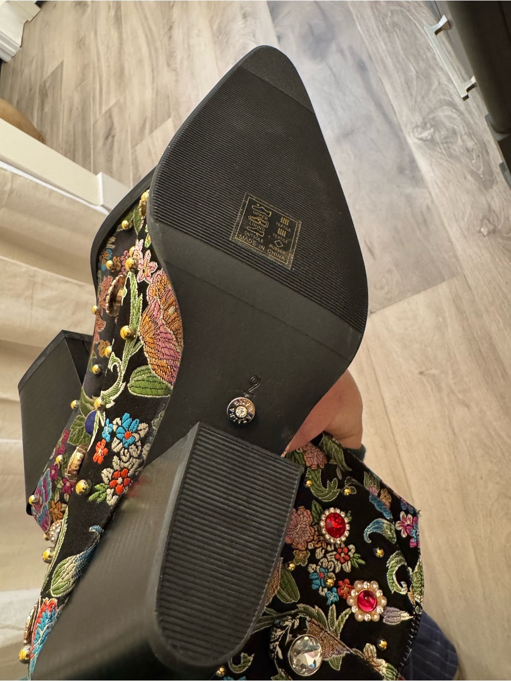 Embellished Black Floral Mid-Calf Boots with Multicolor Gem Accents - Picture 7 of 7